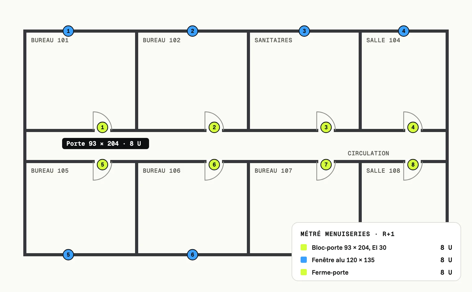 Métré menuiseries sur plan Plan des menuiseries : portes et fenêtres comptées une à une sur le plan