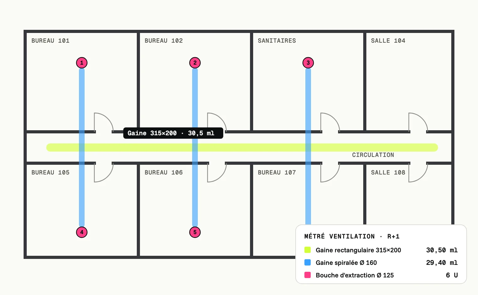 Métré ventilation sur plan Plan de ventilation : gaine et piquages surlignés, bouches d'extraction comptées